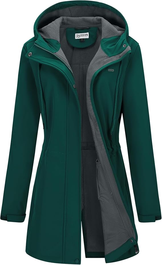 Women's Softshell Long Jacket with Hood Fleece Lined Windproof Warm up Waterproof Windbreaker