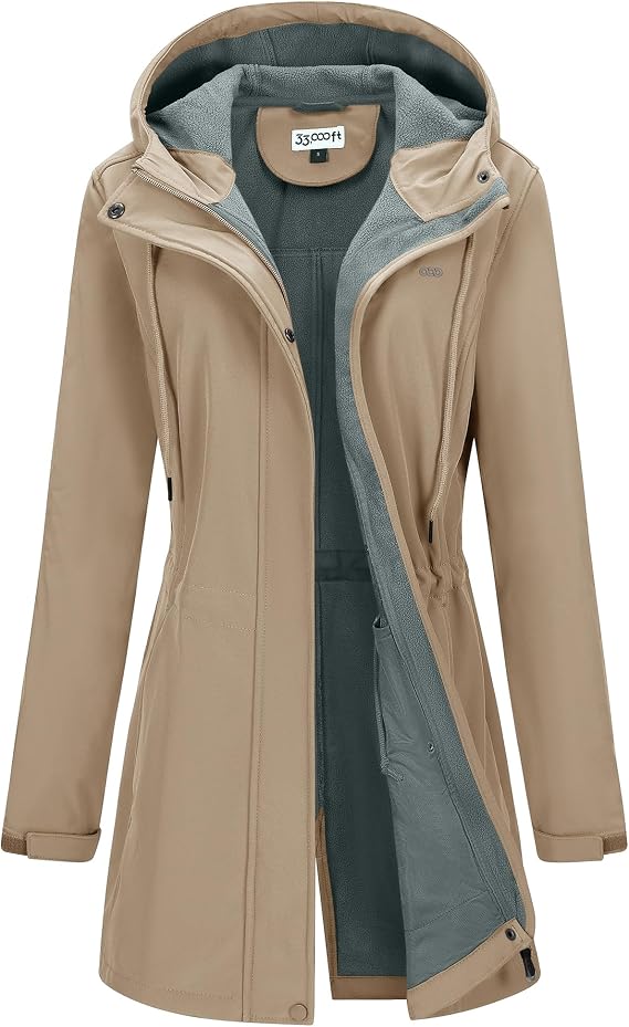 Women's Softshell Long Jacket with Hood Fleece Lined Windproof Warm up Waterproof Windbreaker