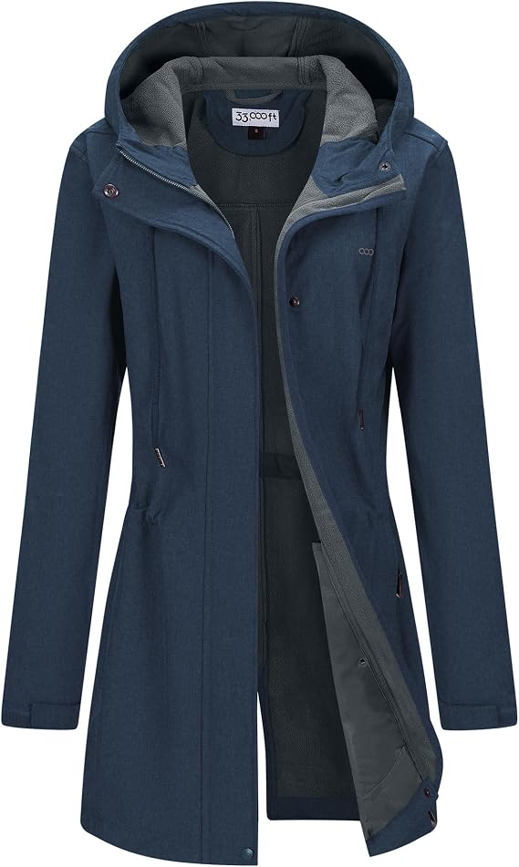 Women's Softshell Long Jacket with Hood Fleece Lined Windproof Warm up Waterproof Windbreaker