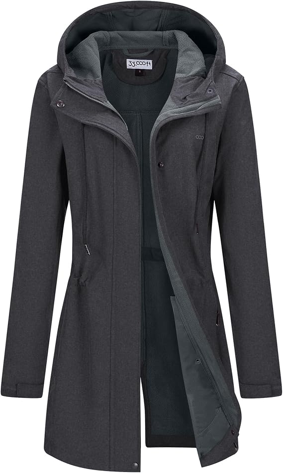 Women's Softshell Long Jacket with Hood Fleece Lined Windproof Warm up Waterproof Windbreaker