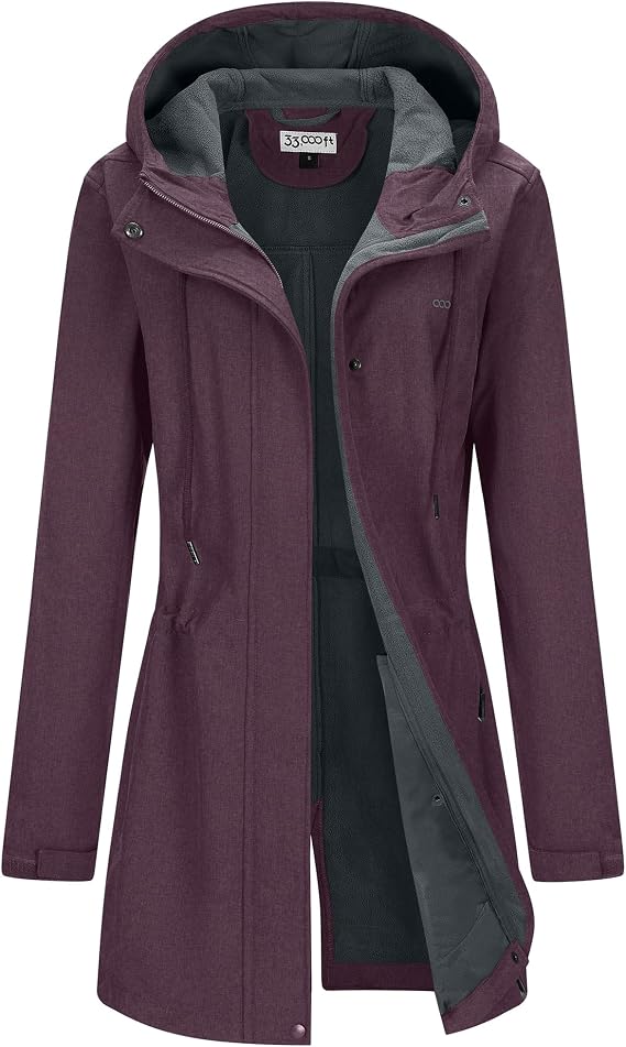 Women's Softshell Long Jacket with Hood Fleece Lined Windproof Warm up Waterproof Windbreaker