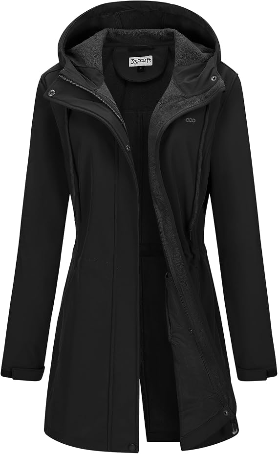 Women's Softshell Long Jacket with Hood Fleece Lined Windproof Warm up Waterproof Windbreaker