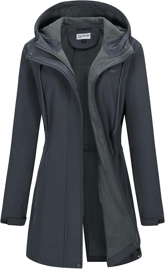 Women's Softshell Long Jacket with Hood Fleece Lined Windproof Warm up Waterproof Windbreaker