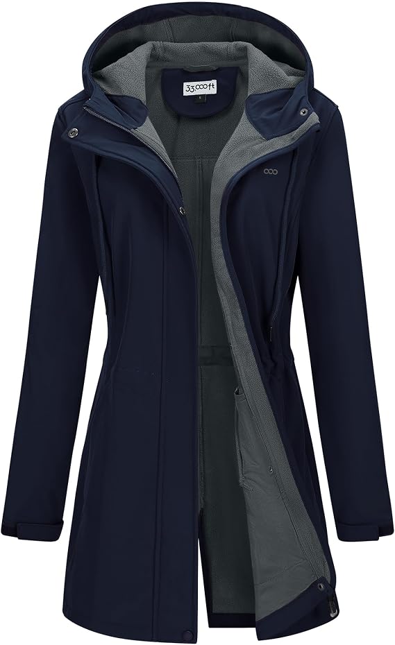 Women's Softshell Long Jacket with Hood Fleece Lined Windproof Warm up Waterproof Windbreaker