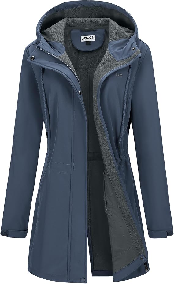 Women's Softshell Long Jacket with Hood Fleece Lined Windproof Warm up Waterproof Windbreaker