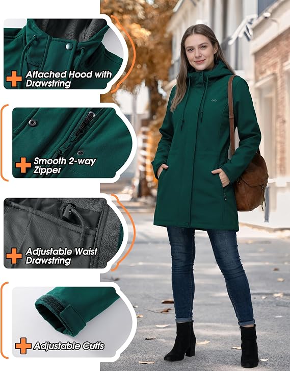 Women's Softshell Long Jacket with Hood Fleece Lined Windproof Warm up Waterproof Windbreaker