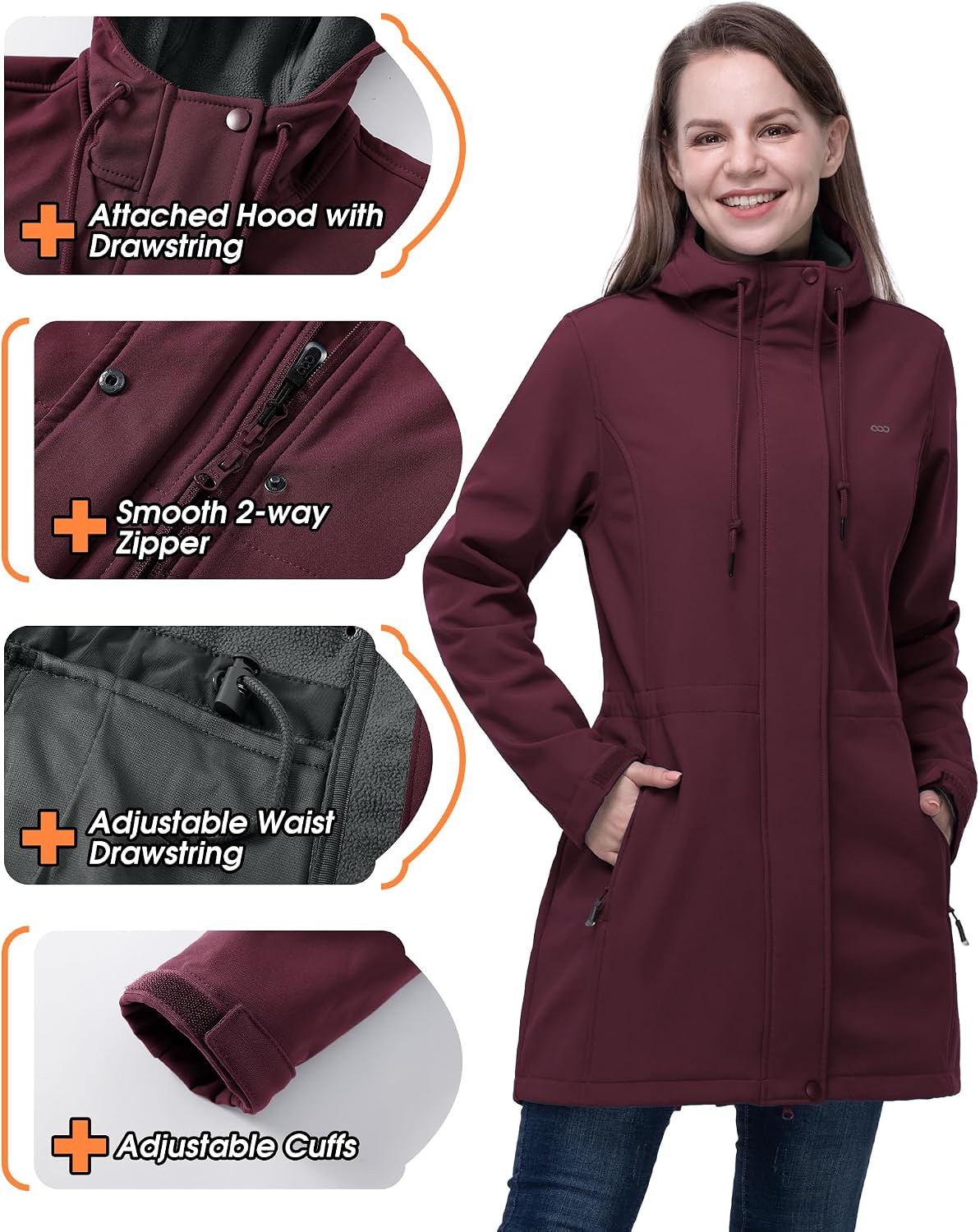Women's Softshell Long Jacket with Hood Fleece Lined Windproof Warm up Waterproof Windbreaker