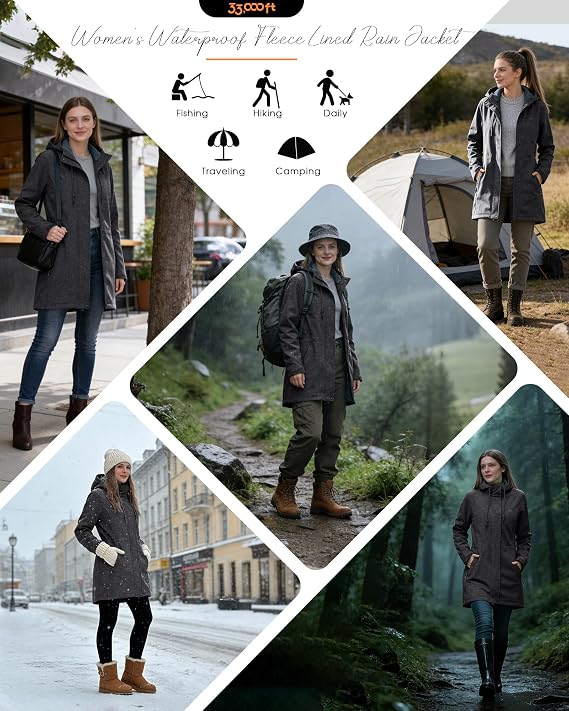 Women's Softshell Long Jacket with Hood Fleece Lined Windproof Warm up Waterproof Windbreaker