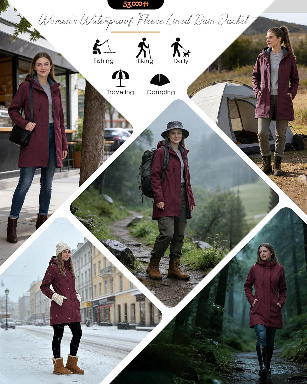 Women's Softshell Long Jacket with Hood Fleece Lined Windproof Warm up Waterproof Windbreaker