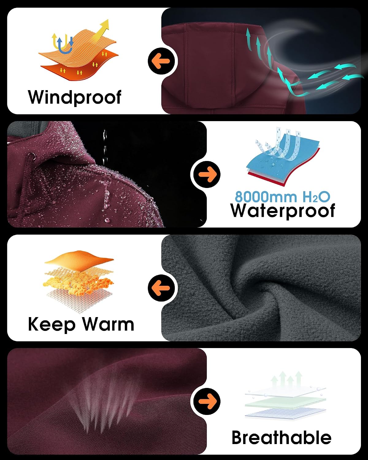 Women's Softshell Long Jacket with Hood Fleece Lined Windproof Warm up Waterproof Windbreaker