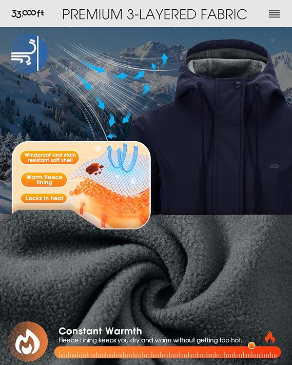 Women's Softshell Long Jacket with Hood Fleece Lined Windproof Warm up Waterproof Windbreaker