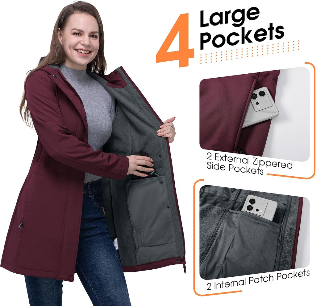 Women's Softshell Long Jacket with Hood Fleece Lined Windproof Warm up Waterproof Windbreaker