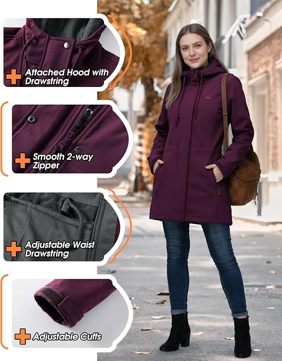 Women's Softshell Long Jacket with Hood Fleece Lined Windproof Warm up Waterproof Windbreaker