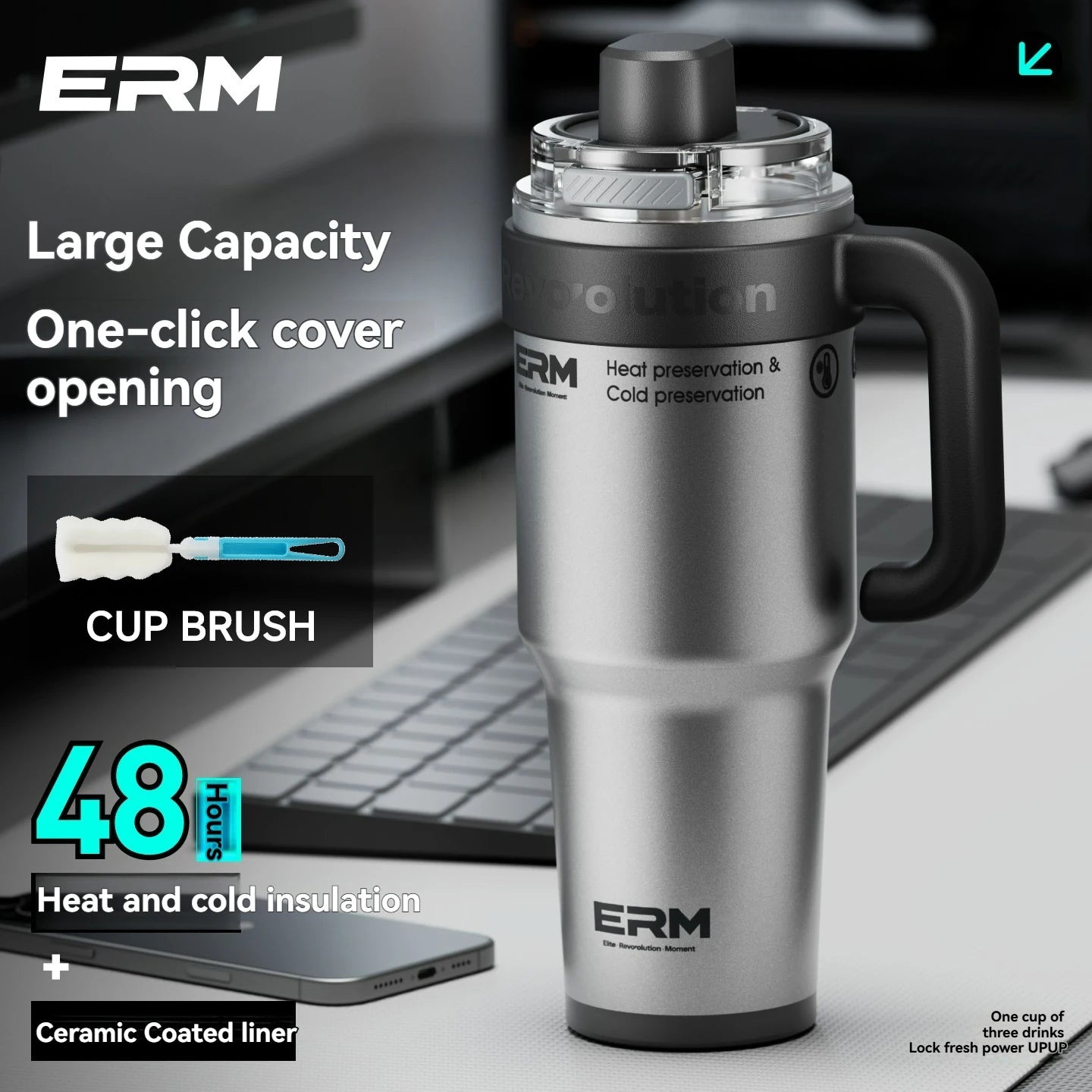 1200ML Extra Large Ceramic Tumbler Drinkware Stainless Steel Water Bottle Insulated Vacuum Flask Straw & Handle Leakproof