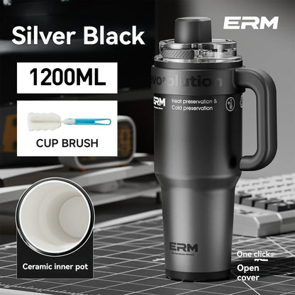 1200ML Extra Large Ceramic Tumbler Drinkware Stainless Steel Water Bottle Insulated Vacuum Flask Straw & Handle Leakproof