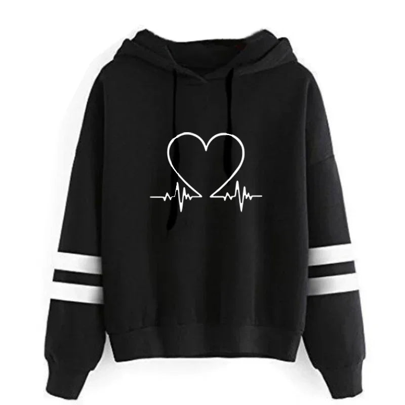 Women Sweatshirt High Quality Hooded Long Sleeve Pullover Heartbeat Printed Autumn Winter Female Home Outdoor Comfort Hoodies