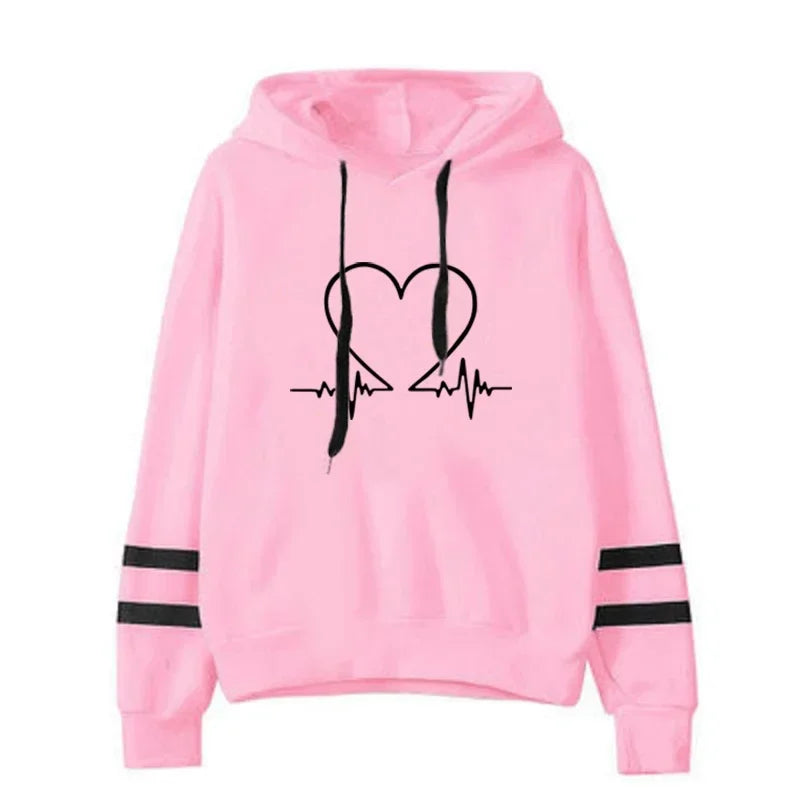 Women Sweatshirt High Quality Hooded Long Sleeve Pullover Heartbeat Printed Autumn Winter Female Home Outdoor Comfort Hoodies
