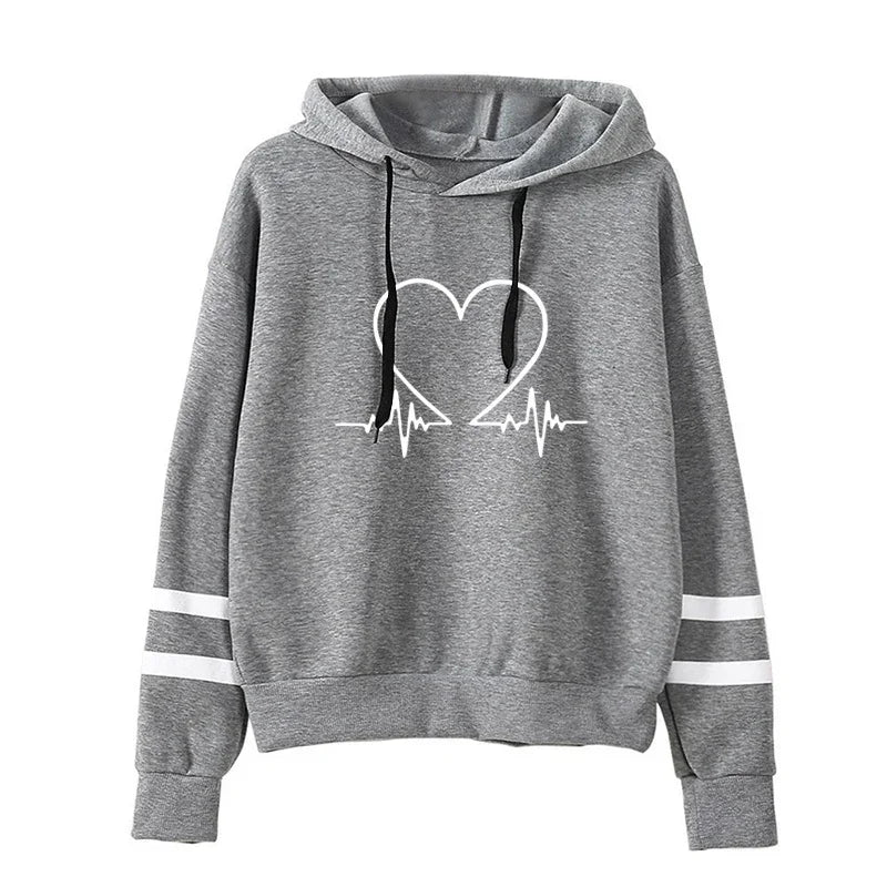 Women Sweatshirt High Quality Hooded Long Sleeve Pullover Heartbeat Printed Autumn Winter Female Home Outdoor Comfort Hoodies