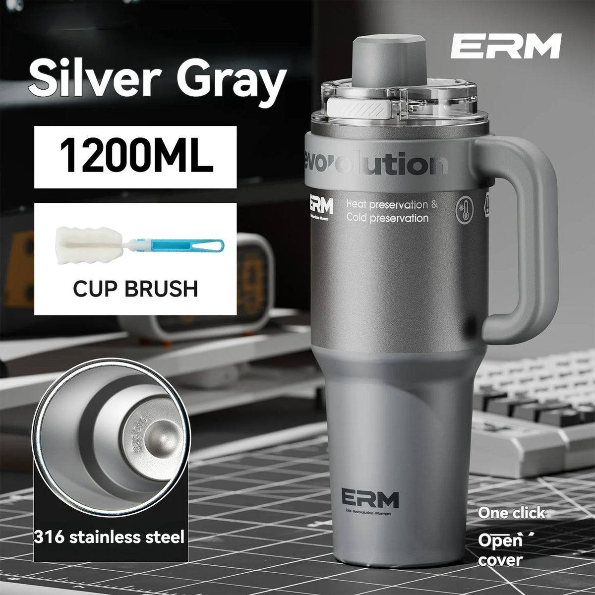 1200ML Extra Large Ceramic Tumbler Drinkware Stainless Steel Water Bottle Insulated Vacuum Flask Straw & Handle Leakproof