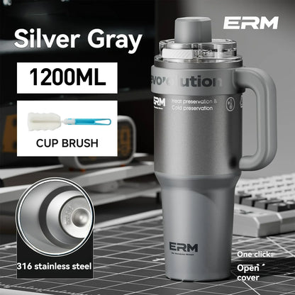 1200ML Extra Large Ceramic Tumbler Drinkware Stainless Steel Water Bottle Insulated Vacuum Flask Straw & Handle Leakproof