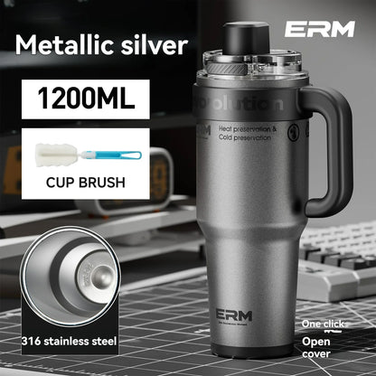 1200ML Extra Large Ceramic Tumbler Drinkware Stainless Steel Water Bottle Insulated Vacuum Flask Straw & Handle Leakproof