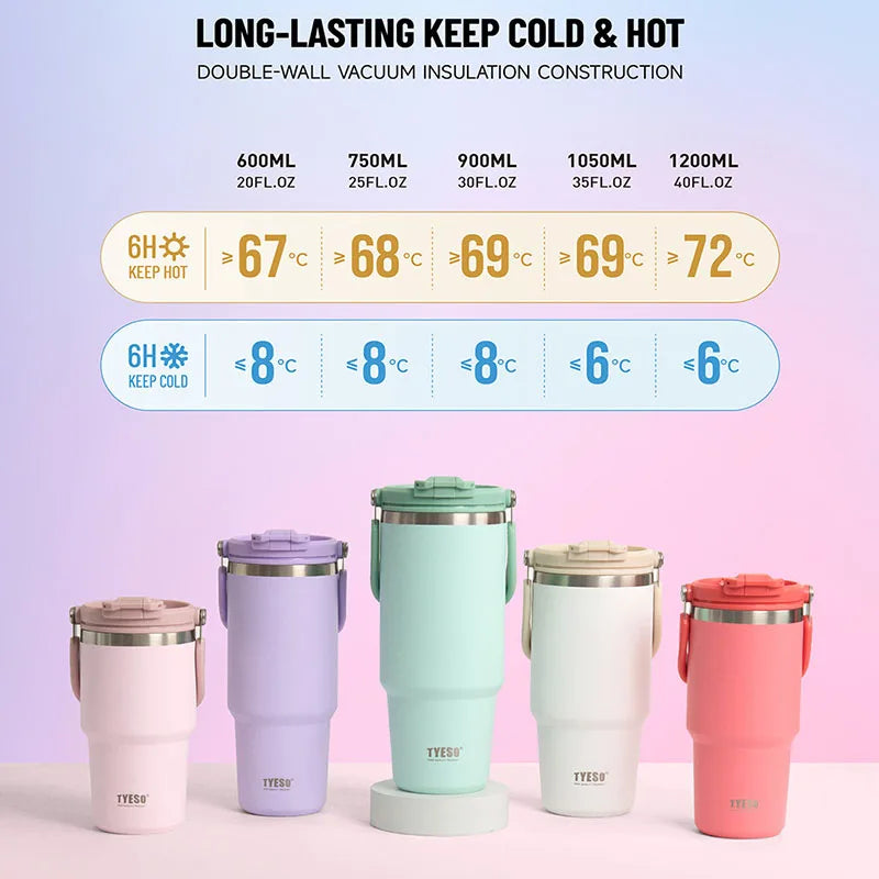 TYESO 600/900/1200ML Travel Coffee Mug Stainless Steel Double Walled Vacuum Water Bottle Tumbler Thermo Bottle Insulated Cup