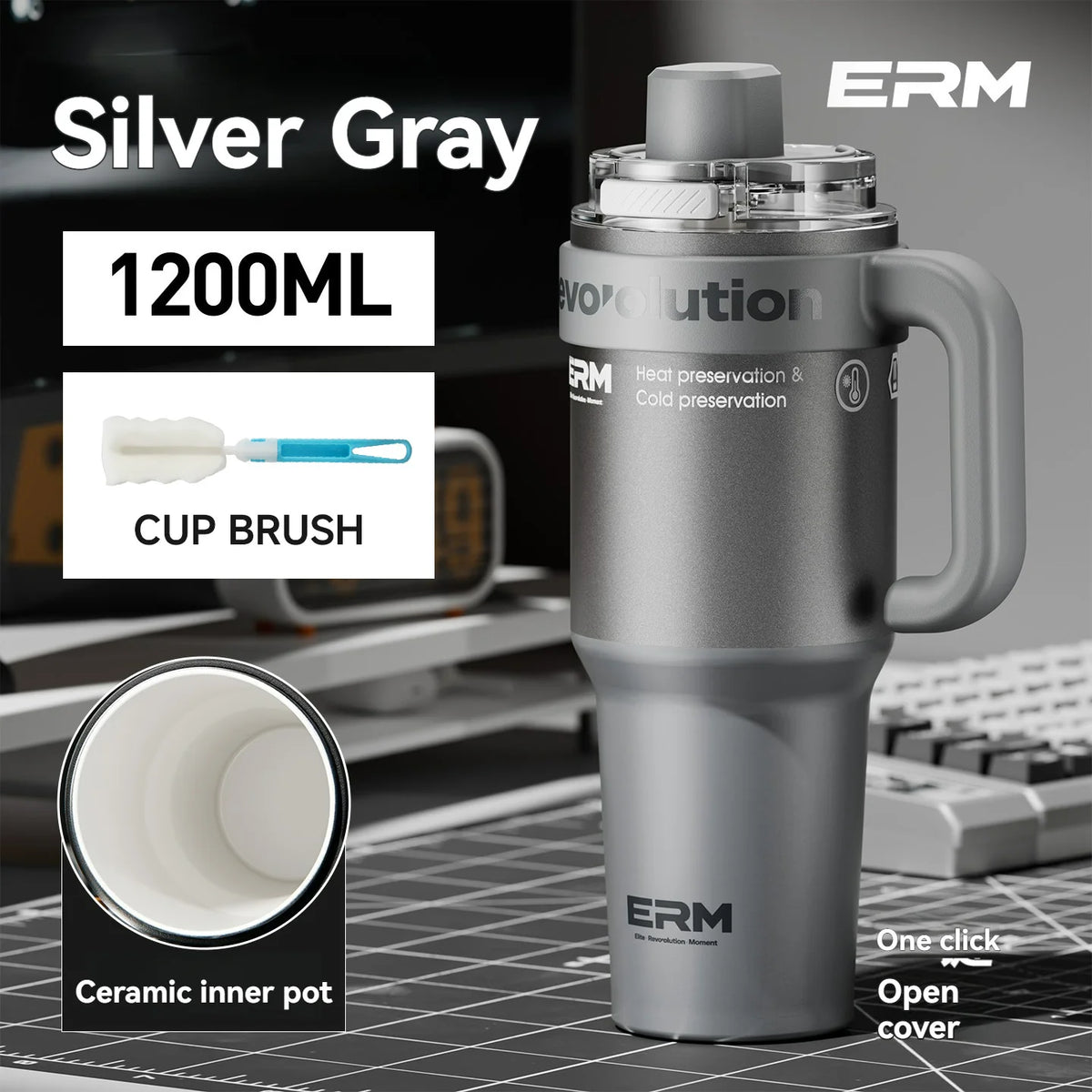 1200ML Extra Large Ceramic Tumbler Drinkware Stainless Steel Water Bottle Insulated Vacuum Flask Straw & Handle Leakproof