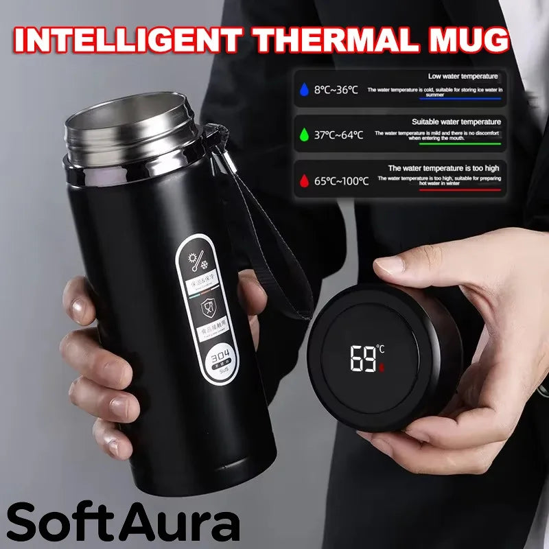 SoftAura Stainless Steel Thermos Bottle LED Temperature Display 500ML- 1L Sus304 Vacuum Flask Portable Cup  2026 New