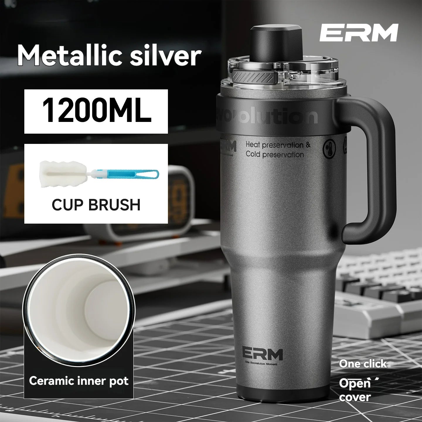 1200ML Extra Large Ceramic Tumbler Drinkware Stainless Steel Water Bottle Insulated Vacuum Flask Straw & Handle Leakproof