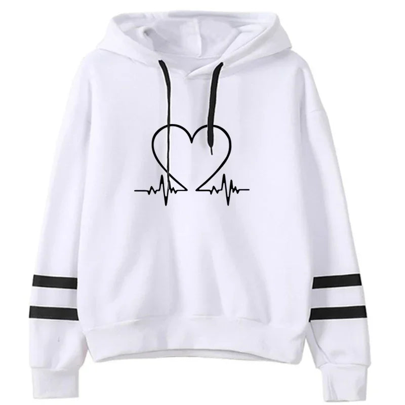 Women Sweatshirt High Quality Hooded Long Sleeve Pullover Heartbeat Printed Autumn Winter Female Home Outdoor Comfort Hoodies