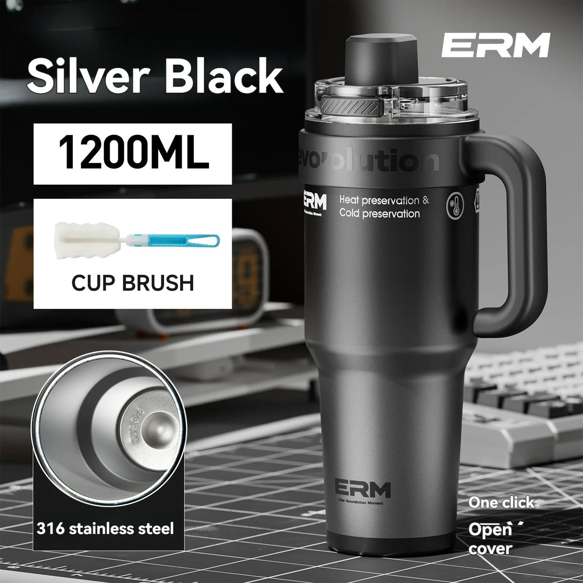 1200ML Extra Large Ceramic Tumbler Drinkware Stainless Steel Water Bottle Insulated Vacuum Flask Straw & Handle Leakproof