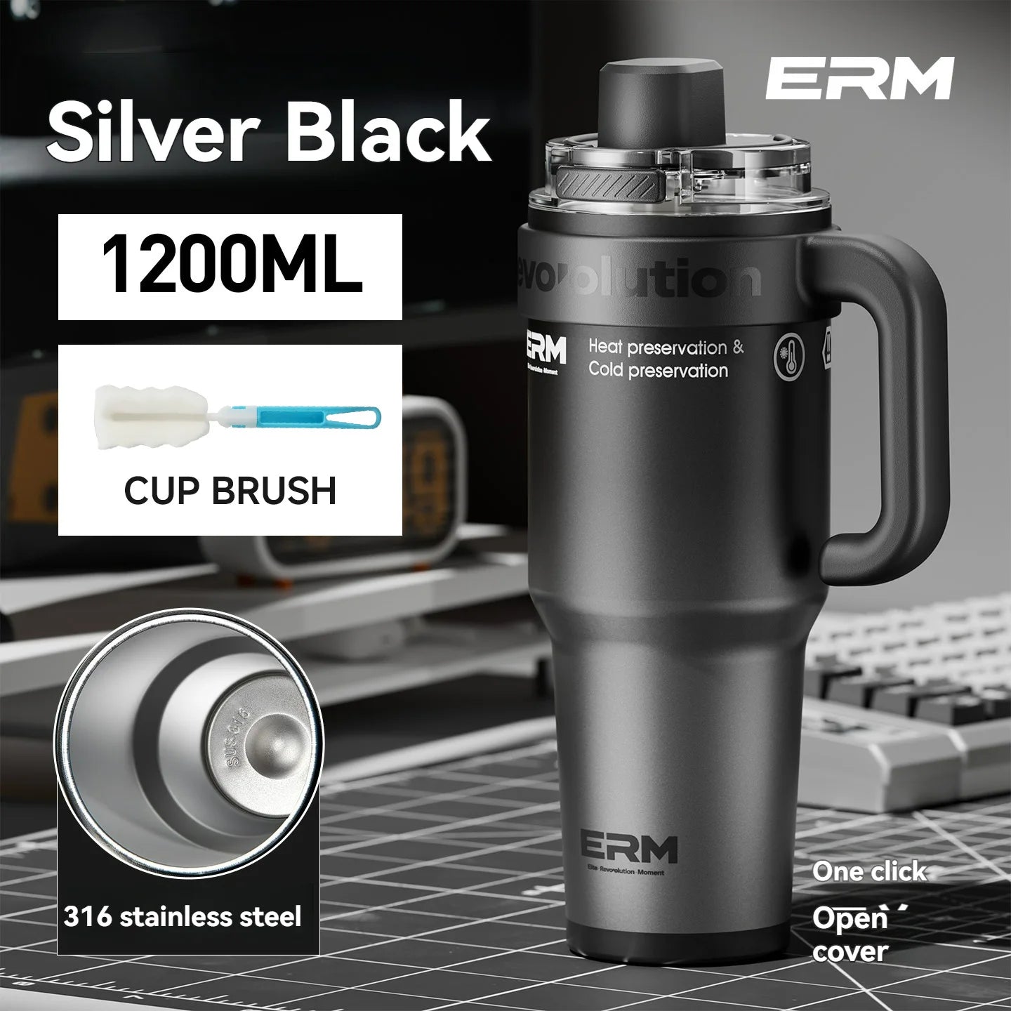 1200ML Extra Large Ceramic Tumbler Drinkware Stainless Steel Water Bottle Insulated Vacuum Flask Straw & Handle Leakproof