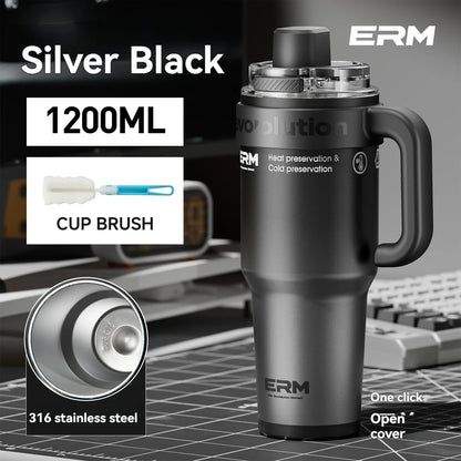 1200ML Extra Large Ceramic Tumbler Drinkware Stainless Steel Water Bottle Insulated Vacuum Flask Straw & Handle Leakproof