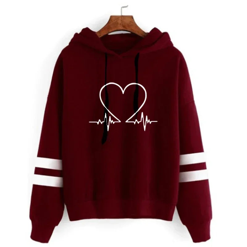 Women Sweatshirt High Quality Hooded Long Sleeve Pullover Heartbeat Printed Autumn Winter Female Home Outdoor Comfort Hoodies