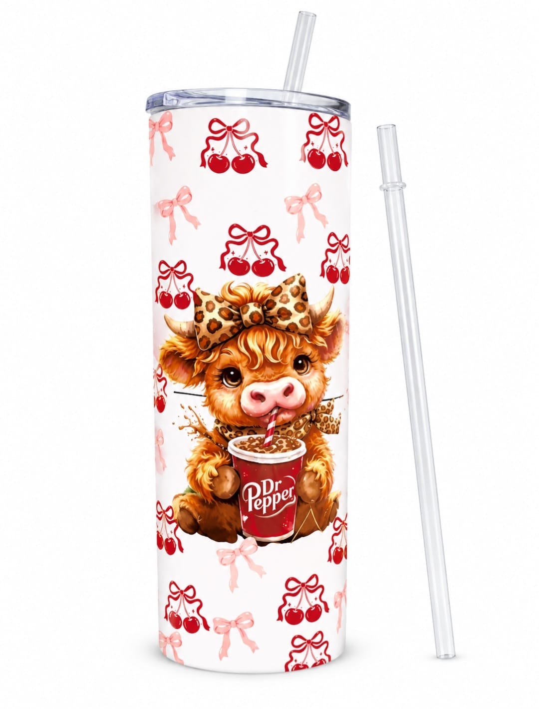 Cute Highland Cow & Cherries 20oz Skinny Tumbler with Strow