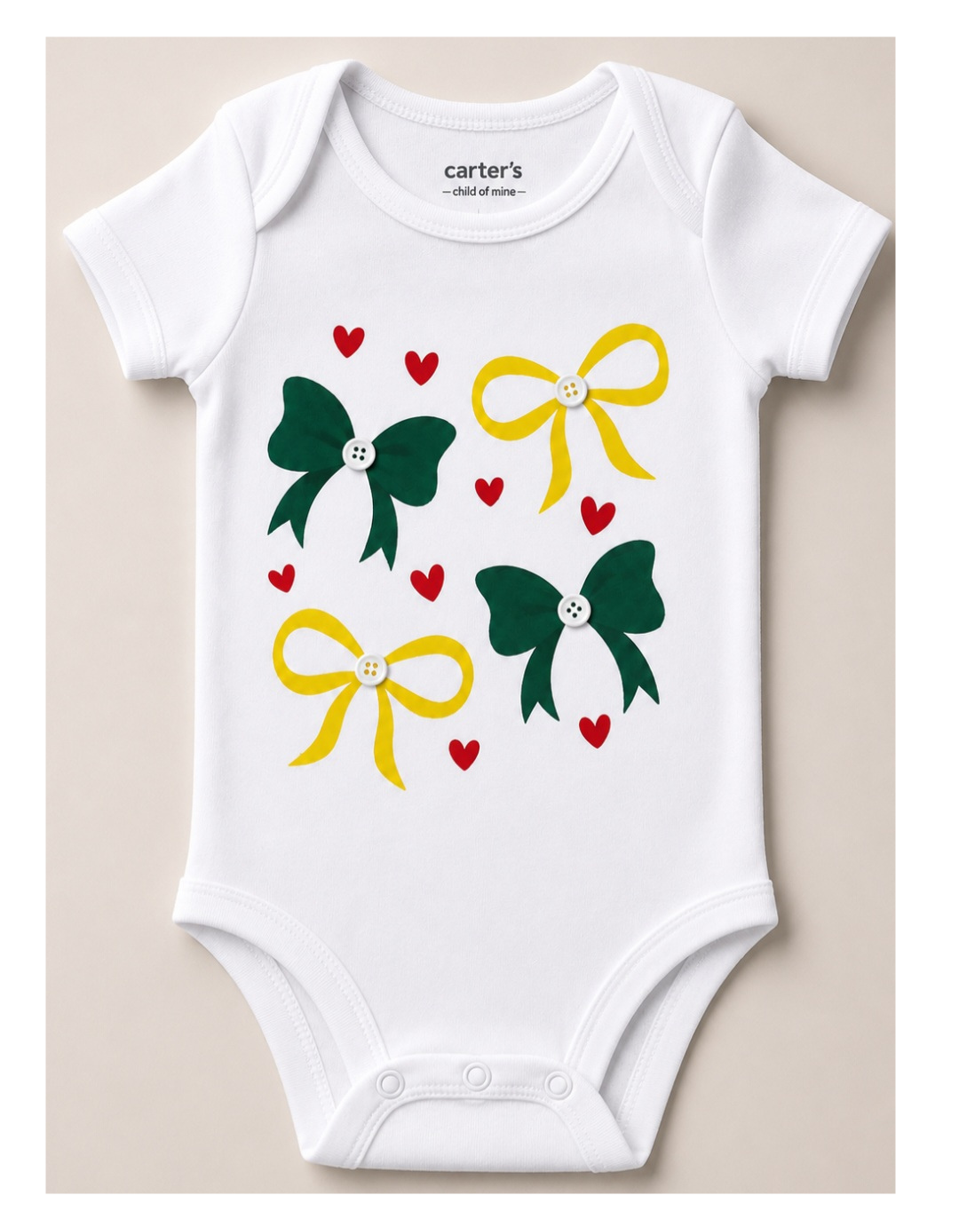 Baby Girl Bow Bodysuit- Cute Short Sleeve infant onesie with a green and yellow bow 3-6 Months
