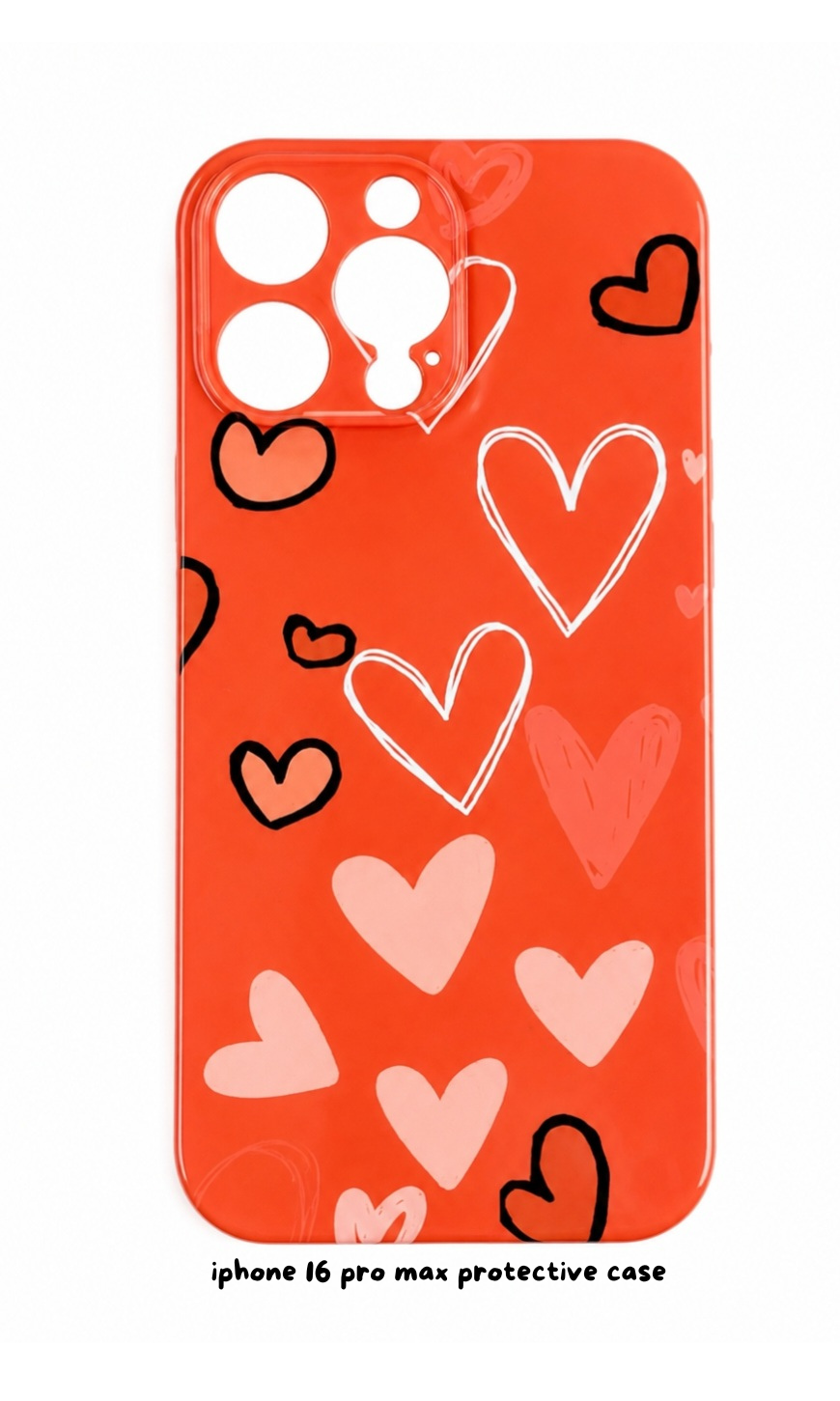 iPhone 16 Pro Max Heart Pattern Protective Case – Red & Pink