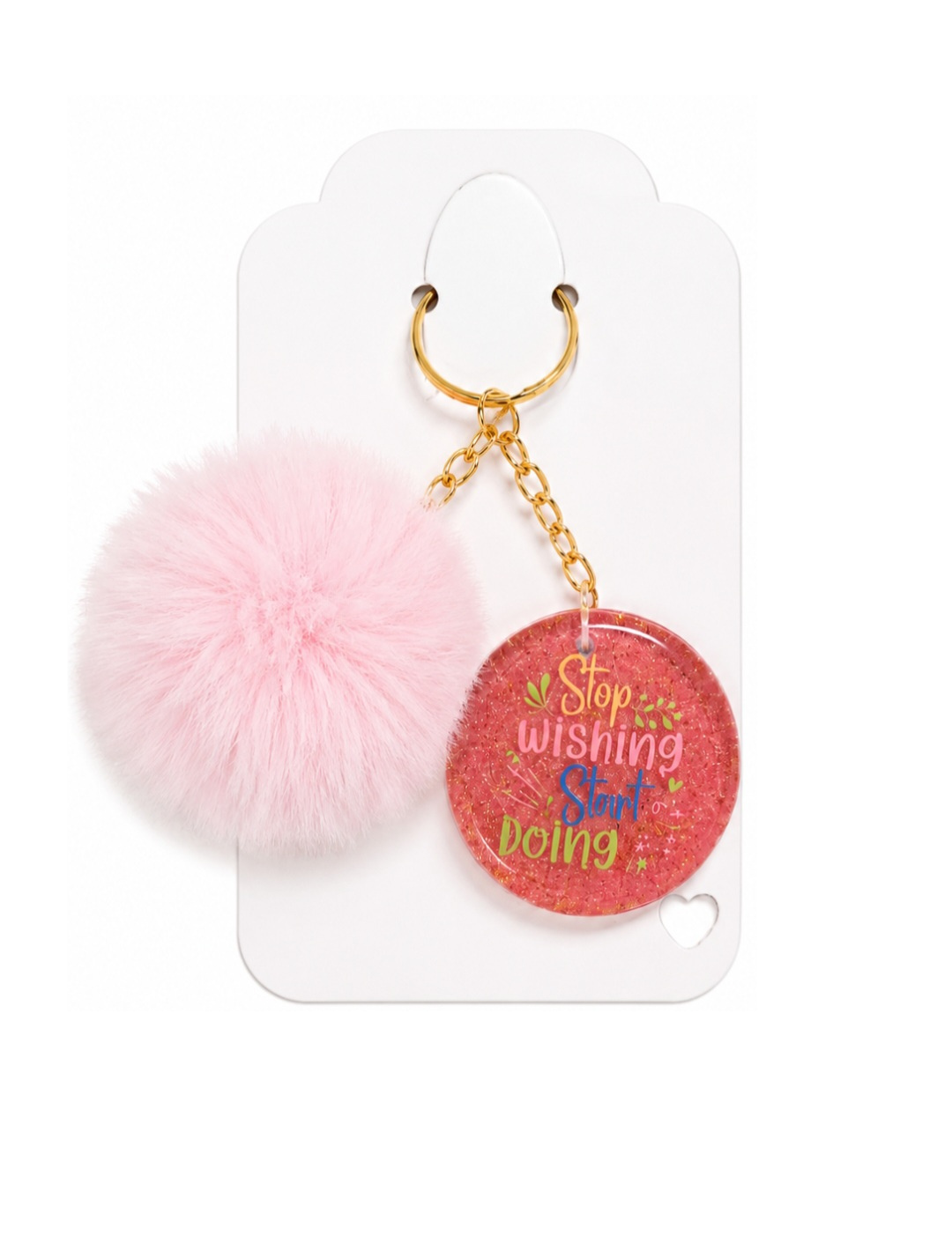 Inspiration Pink Pom Pom Resin Keychain Stop Wishing, Star Doing