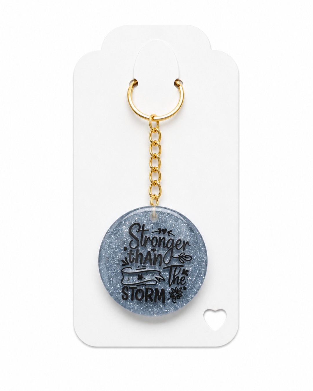 Stronger Than the Storm Inspirational Resin Keychain Glitter Round Bag Charm