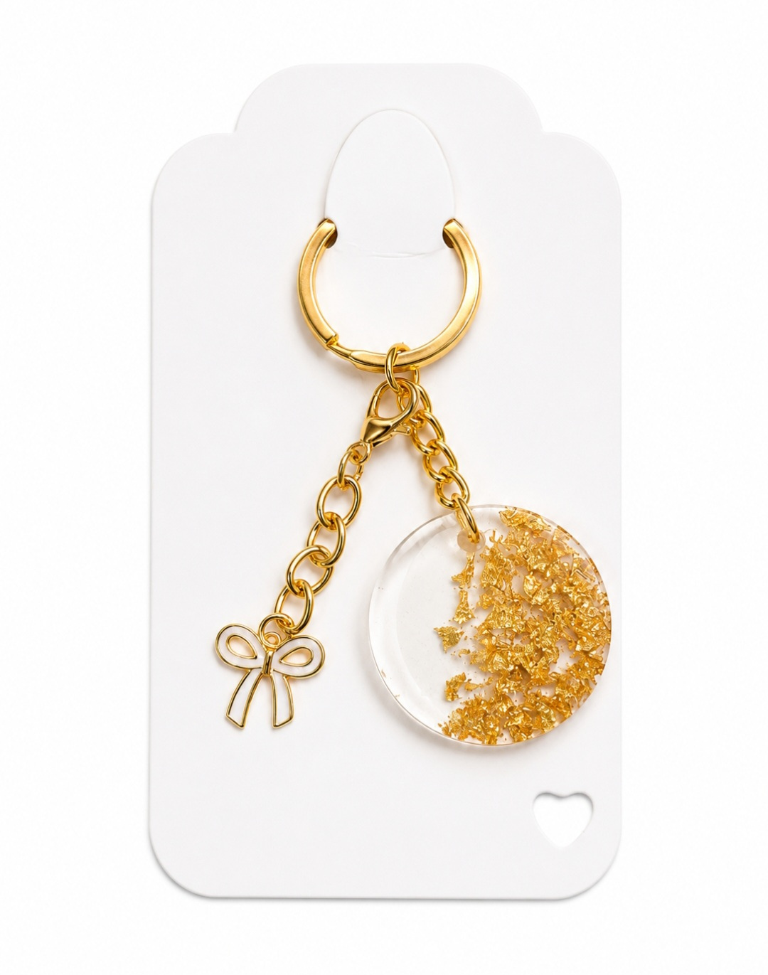 Gold Leaf Resin Keychain with Bow Charm Handmade Elegant Bag Charm