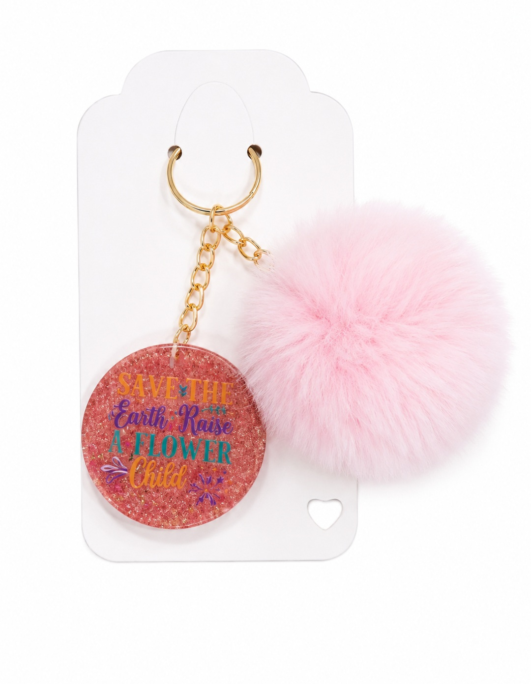 Save the Earth Faux Fur pom pom keychain Glitter Resin Bag Charm,