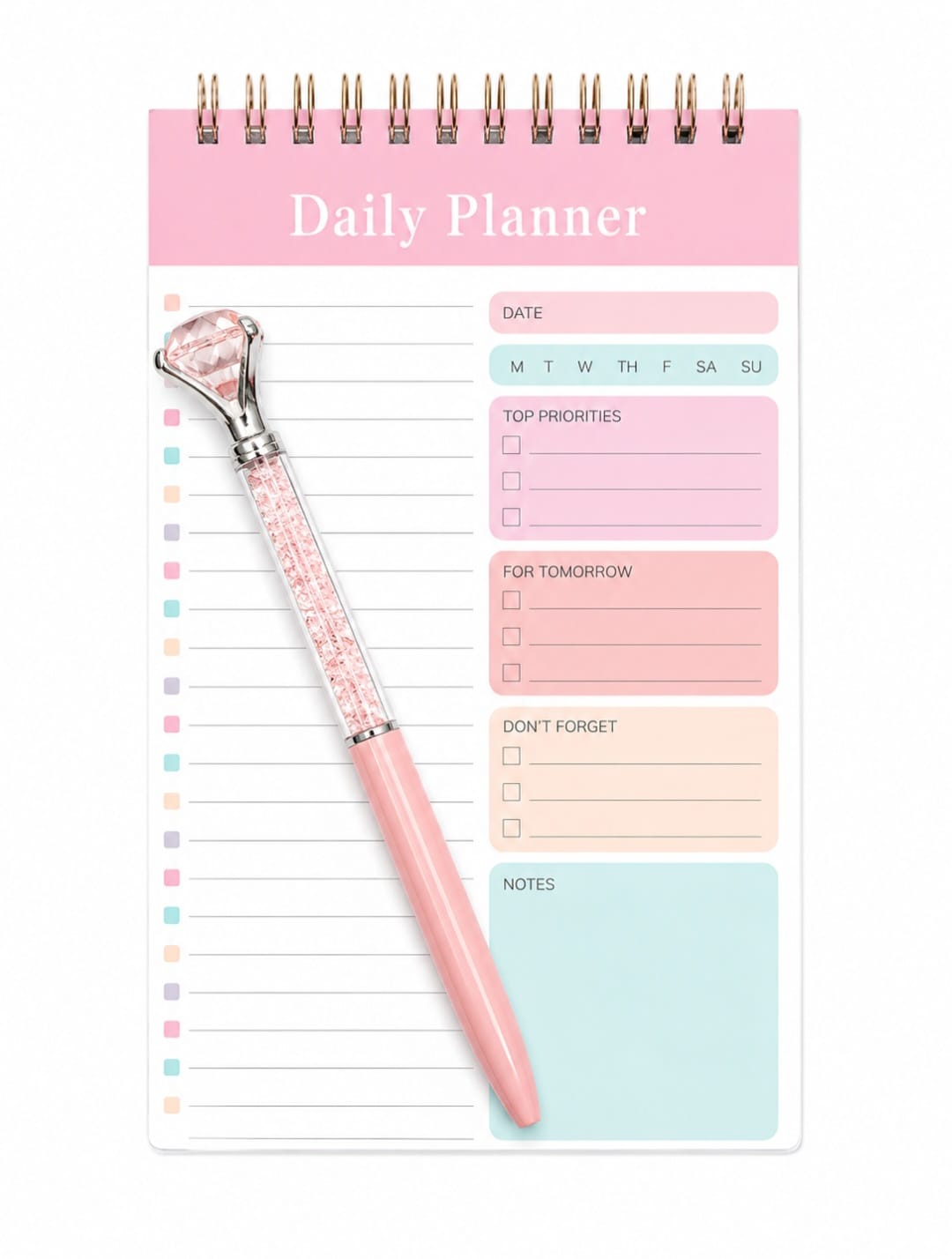 Pastel Daily Planner Notepad with Crystal Diamond Pen