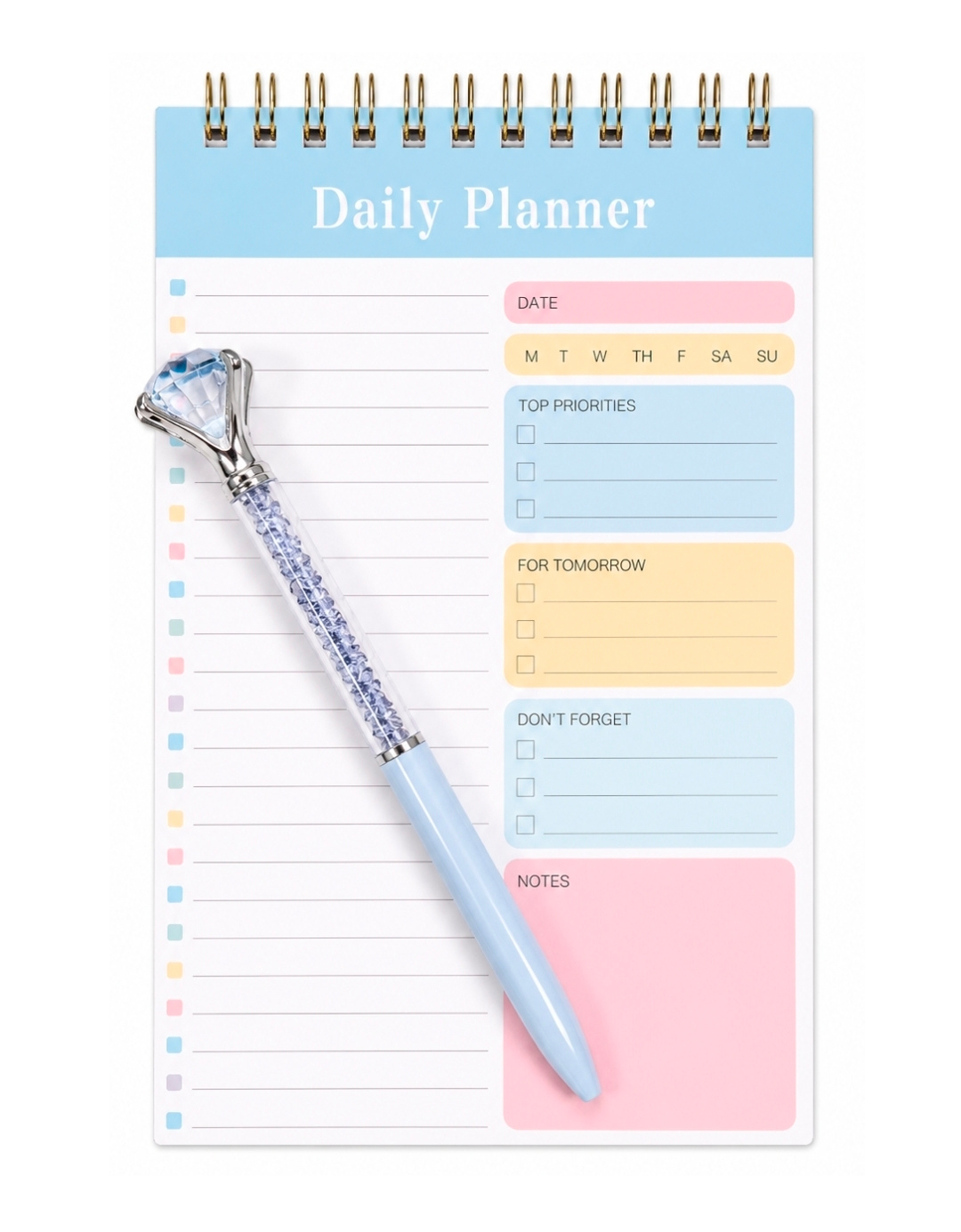 Pastel Daily Planner Notepad with Crystal Diamond pen.