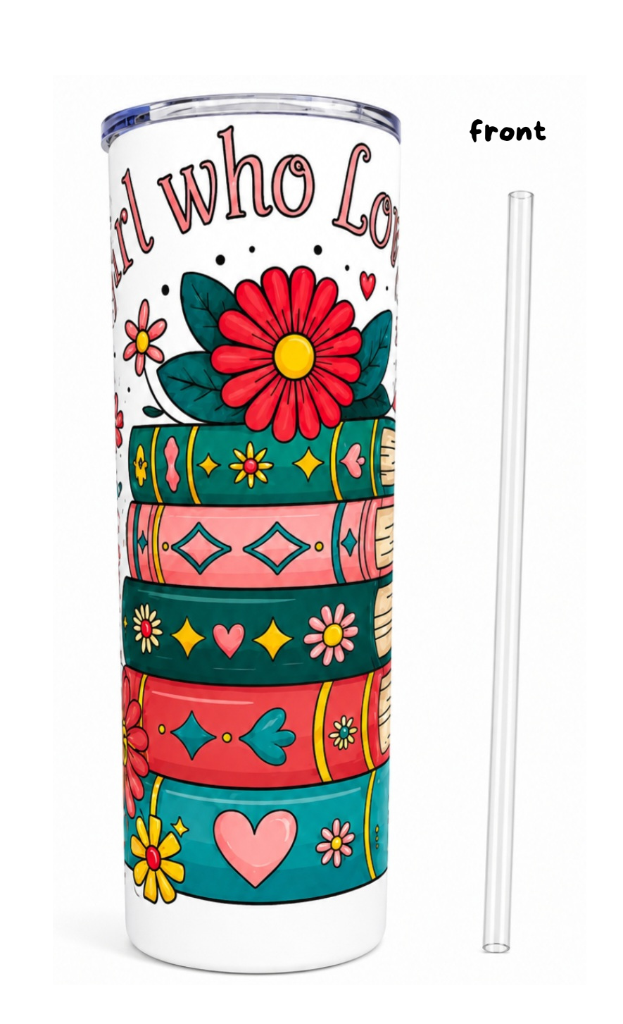 Title 20oz Stainless Steel Tumbler – Book Lover Floral Design with Plastic Straw