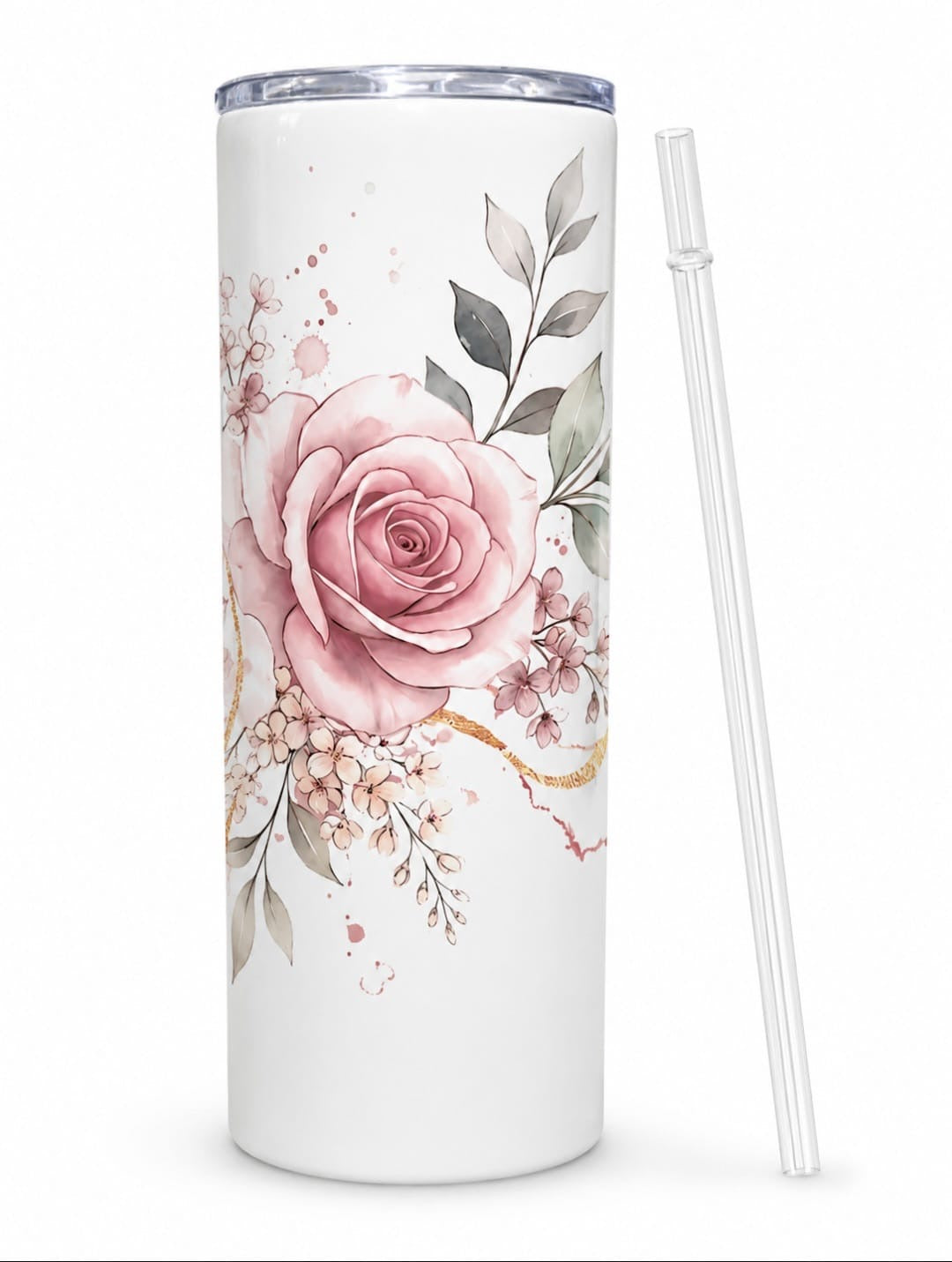 Elegant Pink Rose Floral 20oz Skinny Tumbler with straw