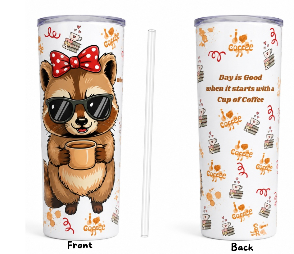 20oz Coffee Bear Stainless Steel Tumbler – Cute Coffee Lover Design with Plastic Straw